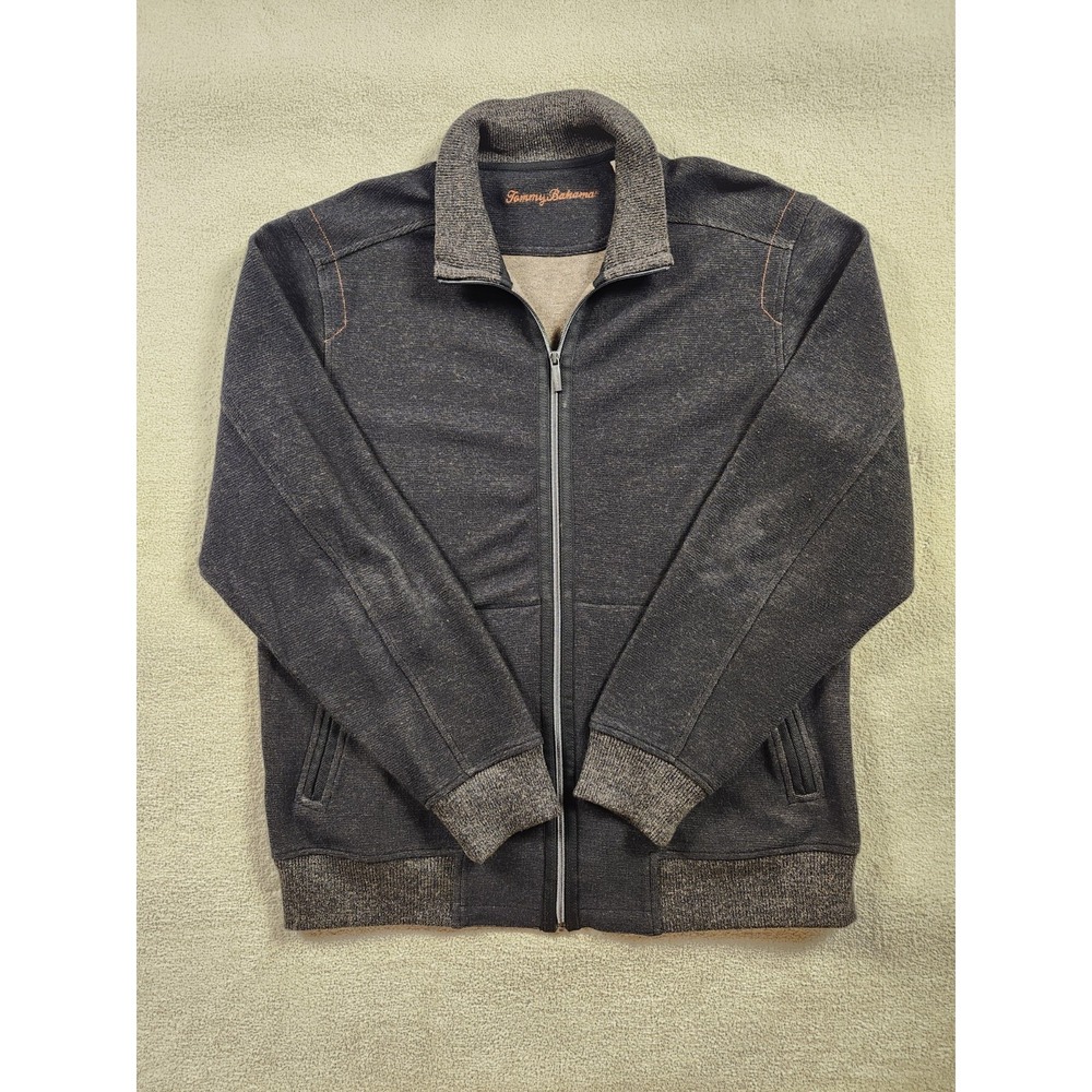Tommy Bahama Sweater Men's L Greyish Black Tan Full Zip Long Sleeve Cotton